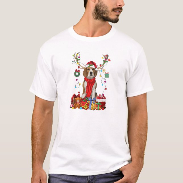 Beagle Reindeer Santa Christmas Colour Lights T-Shirt (Front)