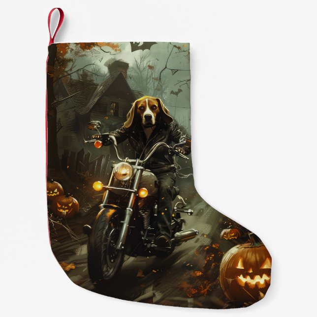 Beagle Riding Motorcycle Halloween Scary  Small Christmas Stocking (Front)