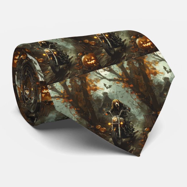 Beagle Riding Motorcycle Halloween Scary  Tie (Rolled)