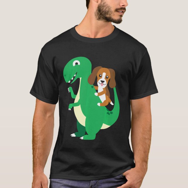 Beagle Riding T Rex Cool Dinosaur Dino Dog Hallowe T-Shirt (Front)