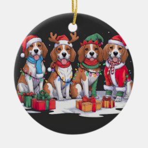 Beagle Santa hat antlers elf Christmas lights  Ceramic Ornament