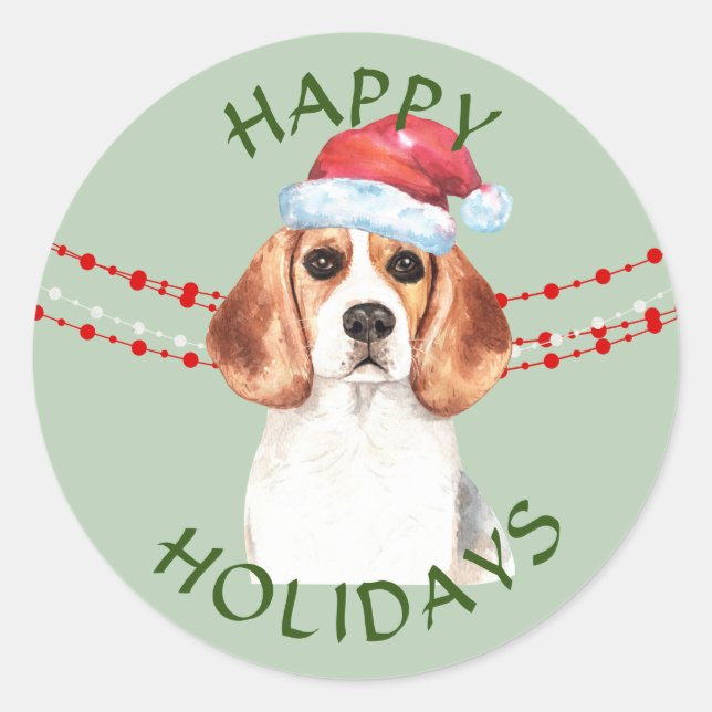 Beagle Santa Hat Happy Holidays Classic Round Sticker (Front)