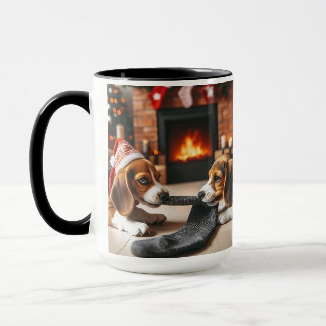 Beagle Sharing Christmas Coffee Mug Cup (Left)