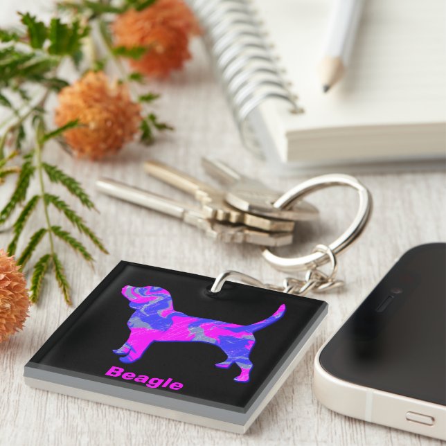 Beagle Silhouette Hot Pink & Blue Keychain (Front Right)