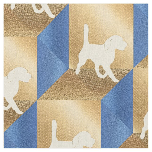 Beagle Silhouette on Brown and Blue Cubes Fabric (Close Up)