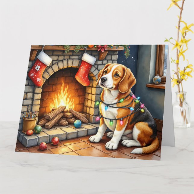 Beagle Sitting by Fireplace with Christmas Lights Card (Yellow Flower)