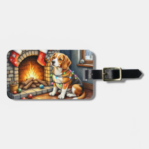Beagle Sitting by Fireplace with Christmas Lights Luggage Tag