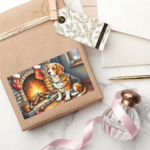 Beagle Sitting by Fireplace with Christmas Lights Sticker