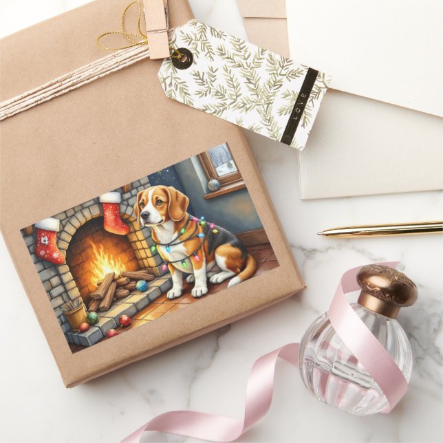 Beagle Sitting by Fireplace with Christmas Lights Sticker (Gifting)