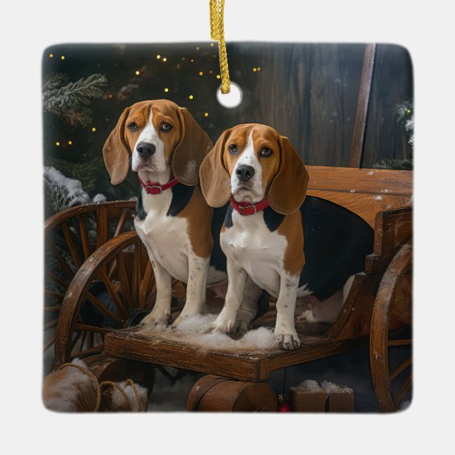 Beagle Snowy Sleigh Christmas Decor  Ceramic Ornament (Front)