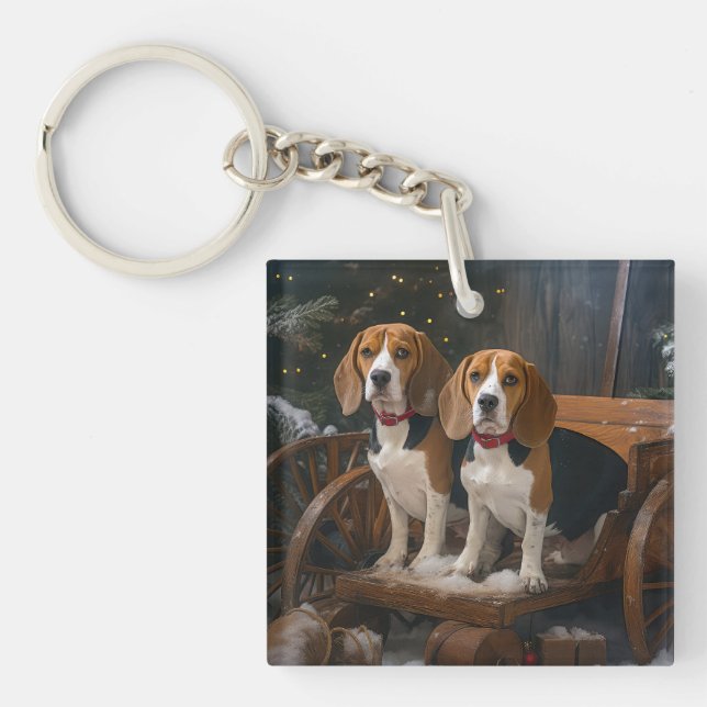Beagle Snowy Sleigh Christmas Decor  Keychain (Front)
