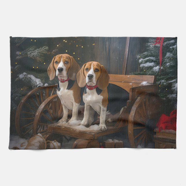 Beagle Snowy Sleigh Christmas Decor  Kitchen Towel (Horizontal)