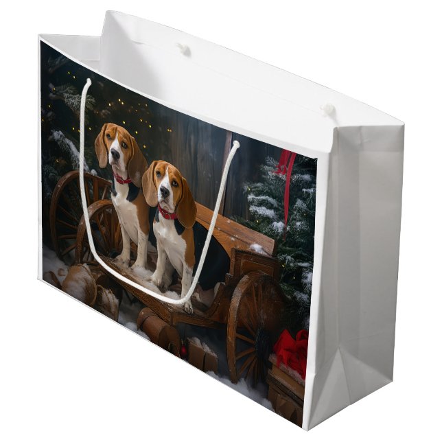 Beagle Snowy Sleigh Christmas Decor  Large Gift Bag (Front Angled)