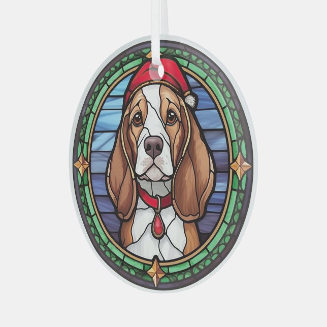 Beagle Stained Glass Christmas Glass Ornament (Front Left)