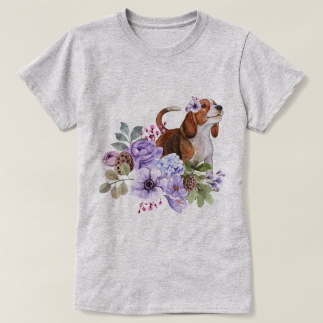 Beagle Surrounded by Lush Watercolor Flowers T-Shirt (Design Front)
