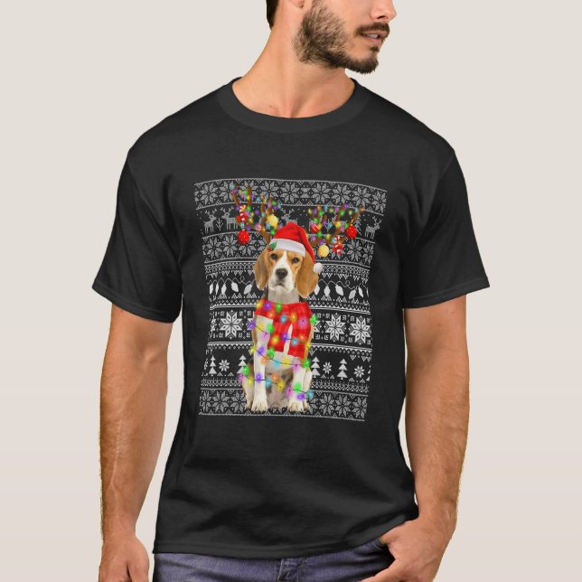 Beagle Ugly Christmas Reindeer Lights Funny For Do T-Shirt (Front)