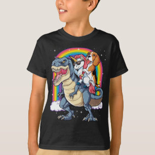 Beagle Unicorn Riding Dinosaur T rex T-Shirt