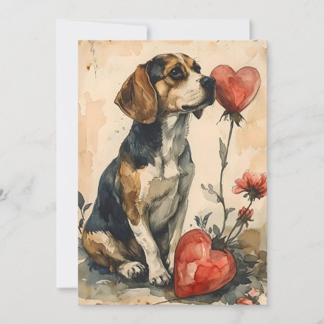 Beagle Vintage Valentine's Day  Holiday Card (Front)