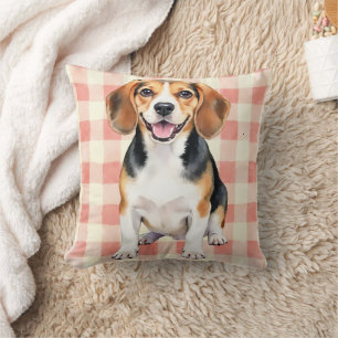 Beagle Watercolor Gingham Pattern Art Throw Pillow
