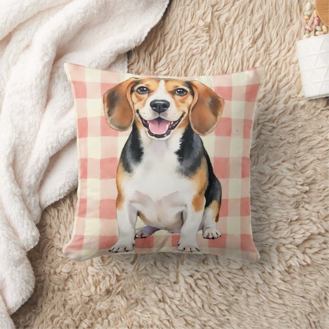 Beagle Watercolor Gingham Pattern Art Throw Pillow (Blanket)