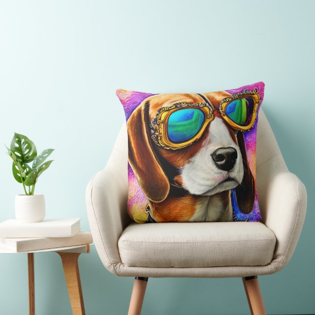 Beagle Wearing Sunglasses Throw Pillow (Chair)