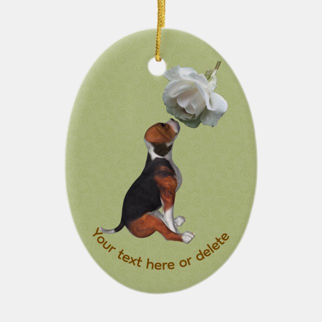 Beagle White Rose Dog Personalized Ceramic Ornament (Front)