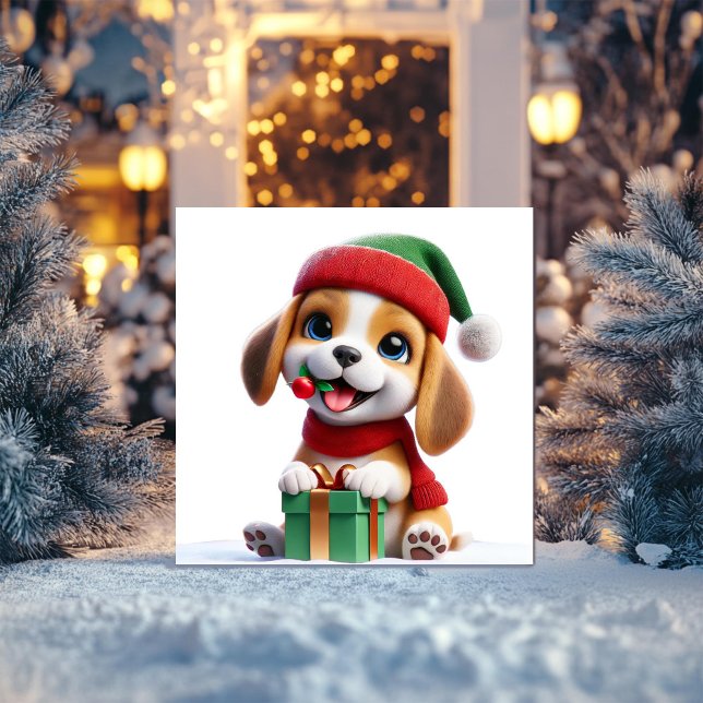 Beagle with Christmas Gift Holiday Card (Creator Uploaded)