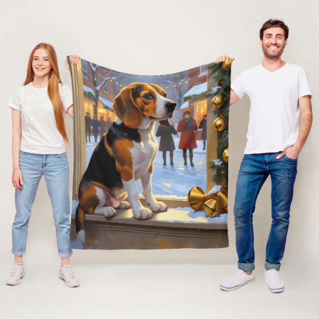 Beagle With Christmas Lights Holiday Fleece Blanket (In Situ)