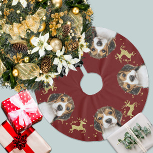Beagle with Gold Glitter Deer Christmas   Red Brushed Polyester Tree Skirt