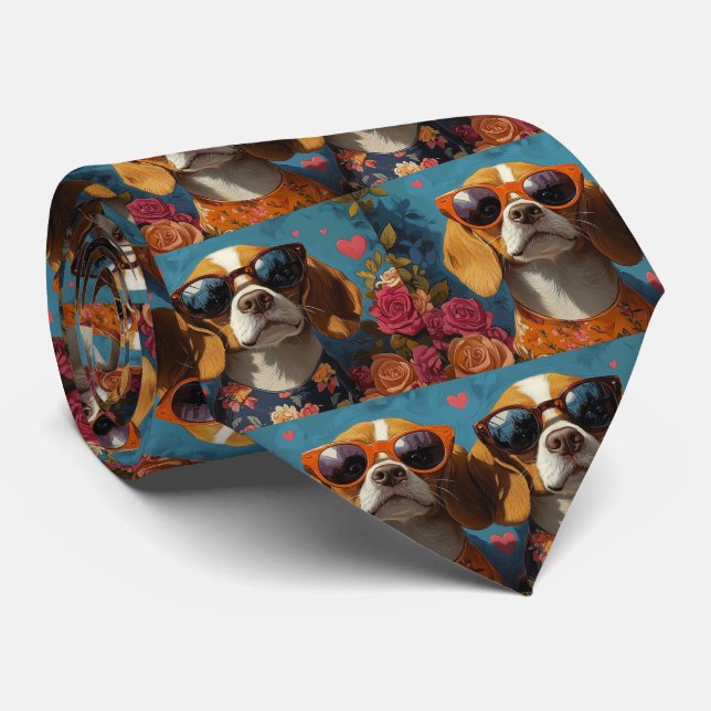 Beagle with Heart Roses Valentine's Day Tie (Rolled)