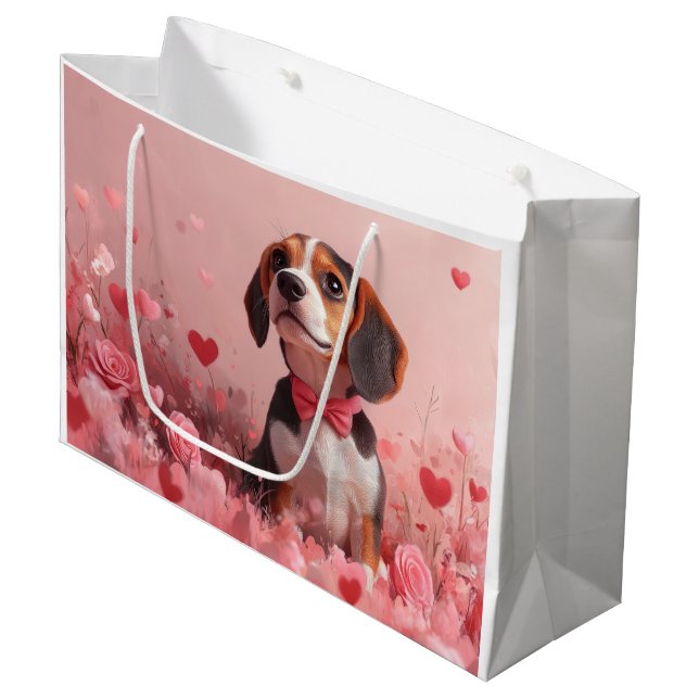 Beagle with Roses - Valentine's Day Large Gift Bag (Front Angled)