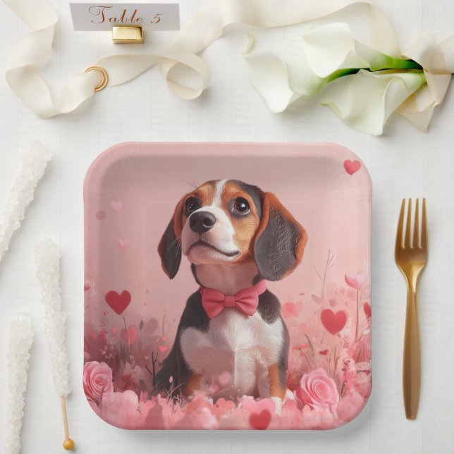 Beagle with Roses - Valentine's Day Paper Plate (Wedding)