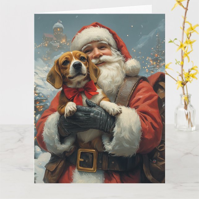 Beagle with Santa Claus Festive Christmas Card (Yellow Flower)