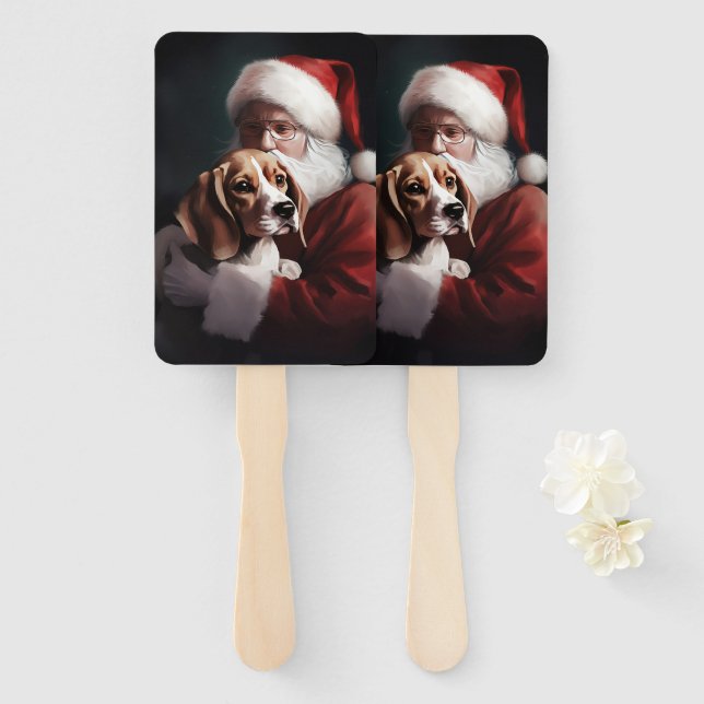 Beagle With Santa Claus Festive Christmas Hand Fan (Front and Back)