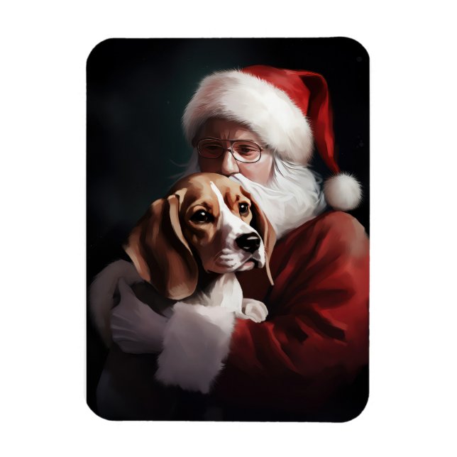Beagle With Santa Claus Festive Christmas Magnet (Vertical)