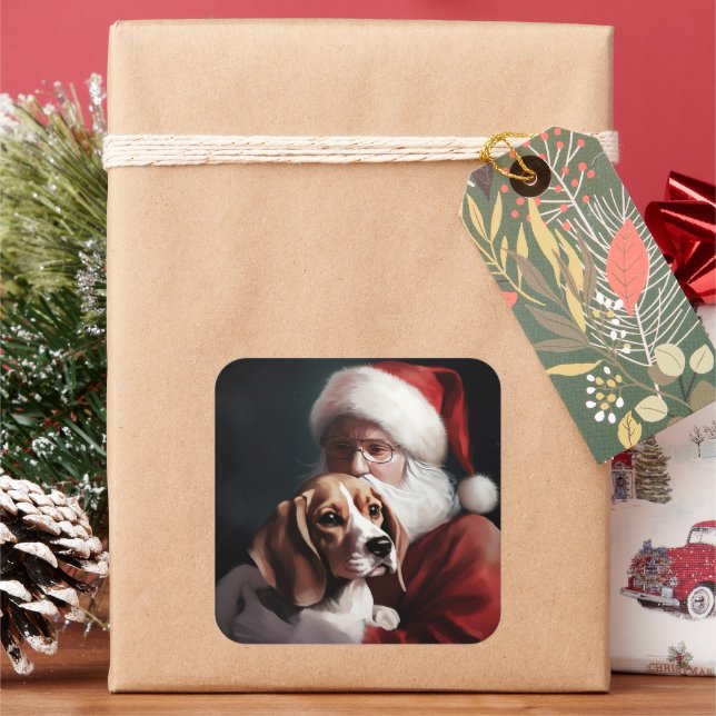 Beagle With Santa Claus Festive Christmas Square Sticker (Holiday)
