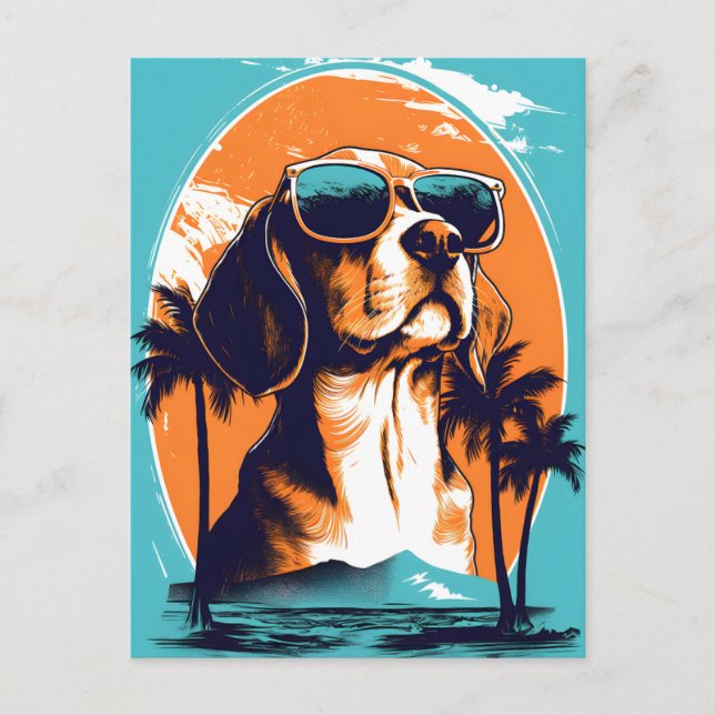 Beagle with sunglasses at a beach holiday postcard (Front)
