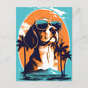 Beagle with sunglasses at a beach postcard