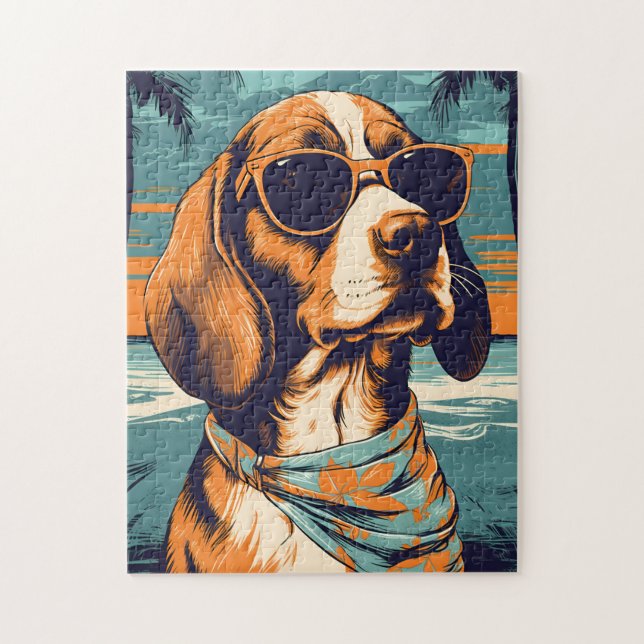 Beagle with sunglasses at a tropical beach jigsaw puzzle (Vertical)