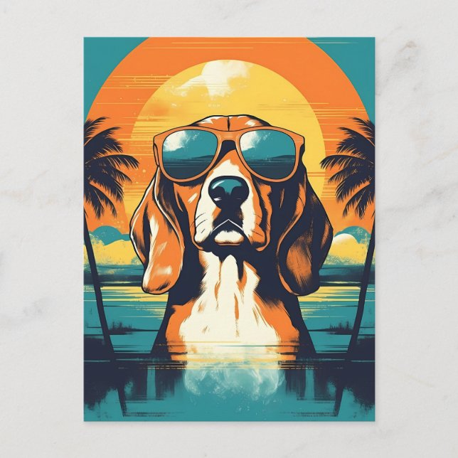 Beagle with sunglasses at a tropical beach postcard (Front)