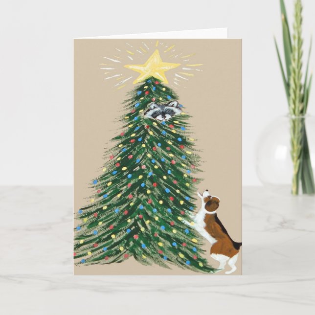 Beagle With Treed Raccoon Holiday Card (Front)