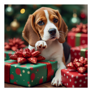 Beagle Wrapping Gifts Christmas Painting Poster