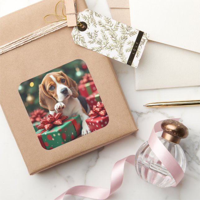Beagle Wrapping Gifts Christmas Painting Square Sticker (Gifting)