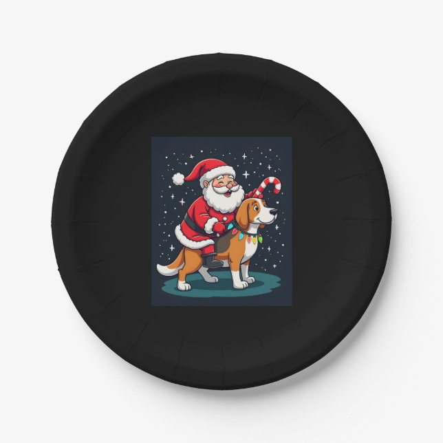 Beagle Xmas Lighting Santa Riding Beagle Dog Chris Paper Plate (Front)