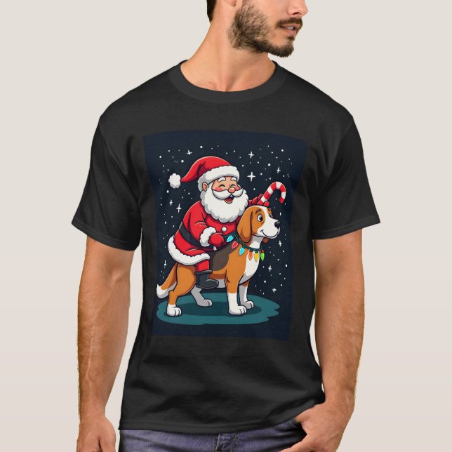 Beagle Xmas Lighting Santa Riding Beagle Dog Chris T-Shirt (Front)