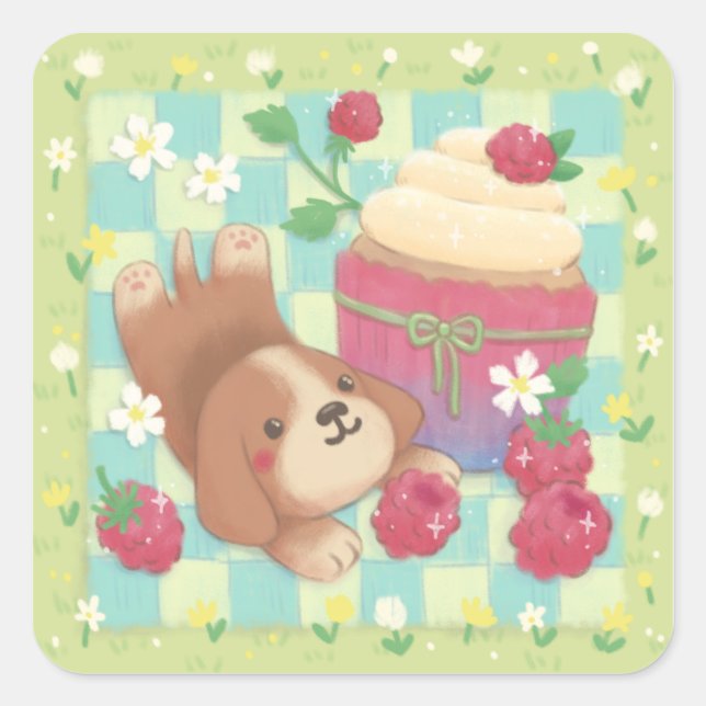 Beagle's Picnic Day with Raspberry Cupcake Square Sticker (Front)