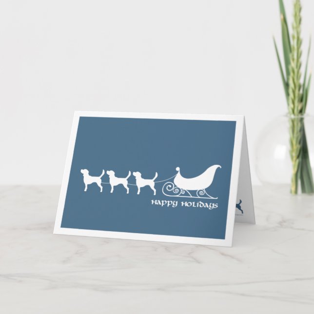 Beagles Pulling Santa's Sleigh Holiday Card (Front)