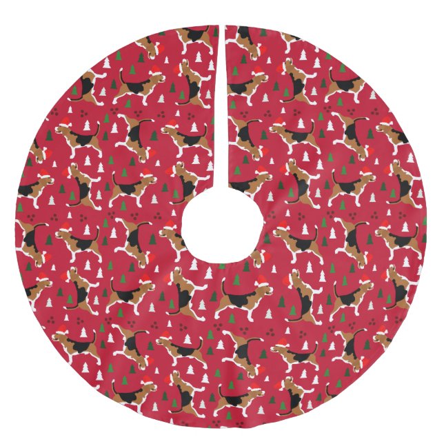 Beagles Santa Hat Christmas Tree in Red Brushed Polyester Tree Skirt (Front)