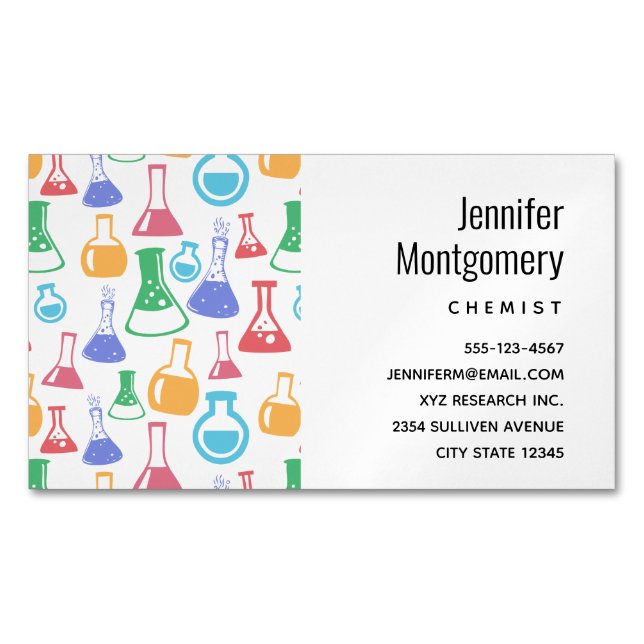 Beakers and Flasks Fun Science Pattern Magnetic Business Card (Front)