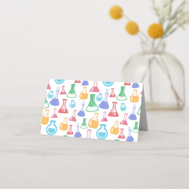 Beakers and Flasks Fun Science Pattern Place Card (Back)